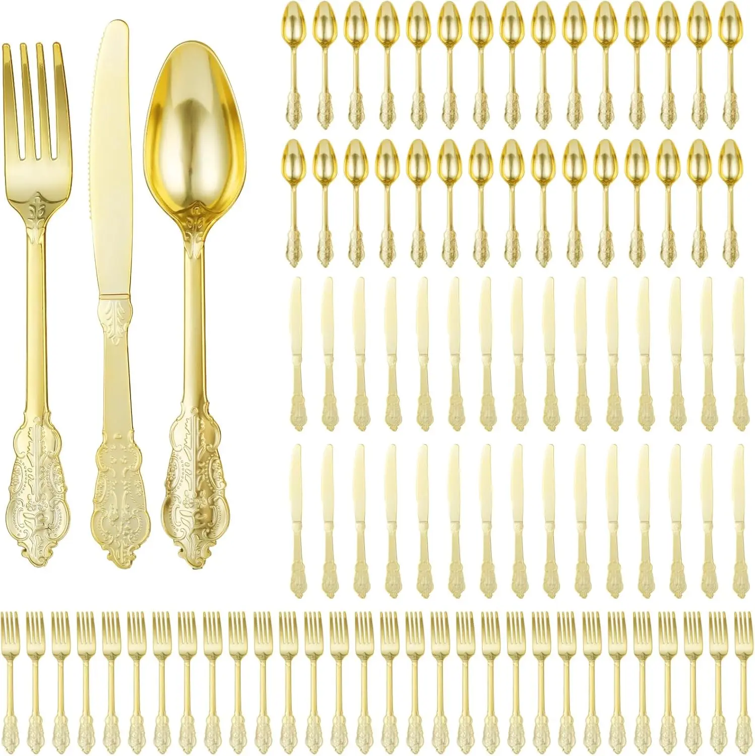 Reusable Plastic Cutlery Set - 60/30-piece Gold Forks/Spoons with Vintage-Patterned Gold Handles, Sturdy Home & Festive Supplies for Weddings, Christmas