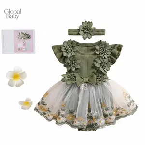 Global Baby Girls Rompers Dress Round Neck Floral Embroidery Mesh Skirt Hem Infant Bodysuits Fall Outfit Floral Embroidery Tulle Long Sleeve Round Neck Romper Dress Bow Headband Jumpsuits