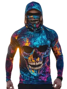 [New] Men's long-sleeved hooded sunscreen shirt, colored tie-dyed skull fangs mask, outdoor quick-drying breathable mask, suitable for fishing, hiking, cycling, outdoor activities, unisex, suitable for all seasons. sun protection hoodie athletic fit
