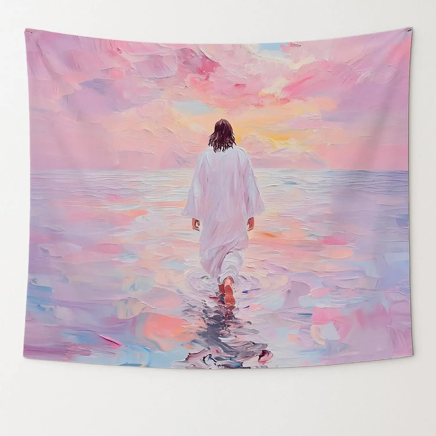 Jesus Sunset Walk Tapestry – Pink Pastel Christian Wall Hanging, Peaceful Inspirational Decor for Bedroom or Prayer Room, 50x60 Inch