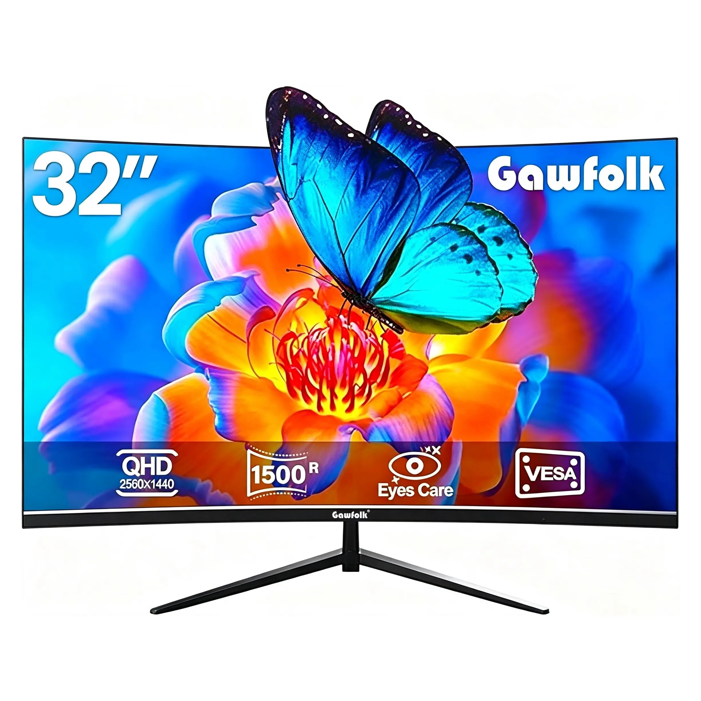 Gawfolk 32 Inch Black 1500R Curved QHD 2K Monitor,backtoschool 2560x1440 75Hz VA Screen, VESA Wall Mountable PC Display for Home, Office & Dorm