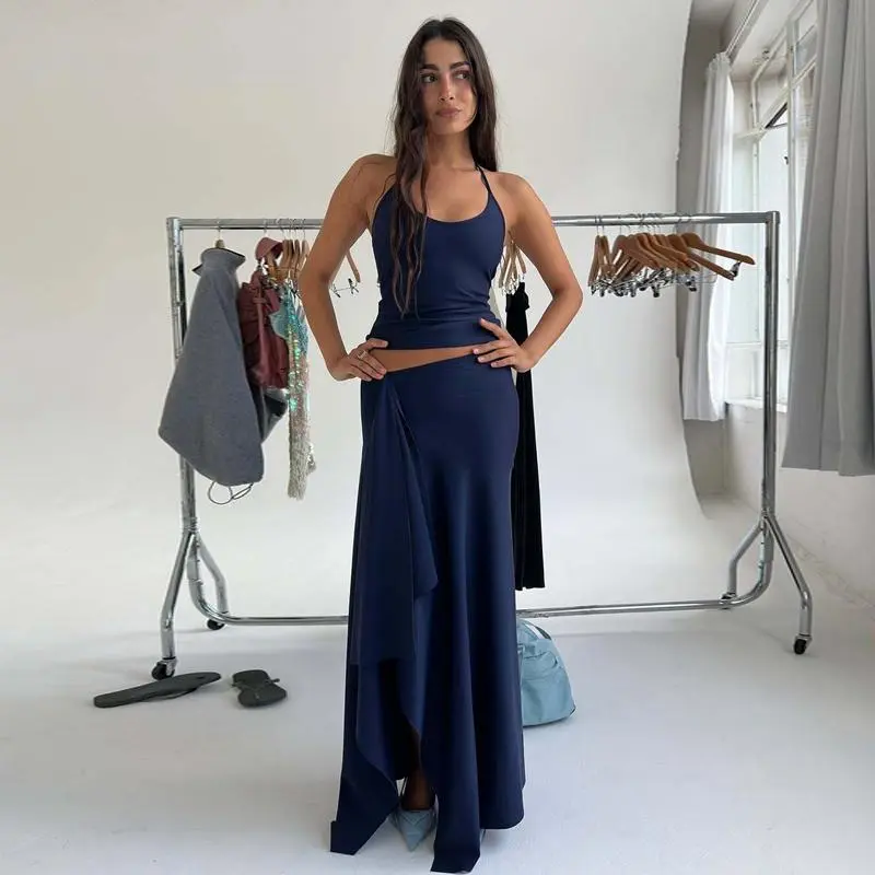 Women's Chic Knitting 2-Piece Top & Skirt Set - Halter Neck Sleeveless Crop Blouse, Asymmetrical Hem Slim-Fit Above-the-Knee Maxi Skirt for Spring Summer Vacation