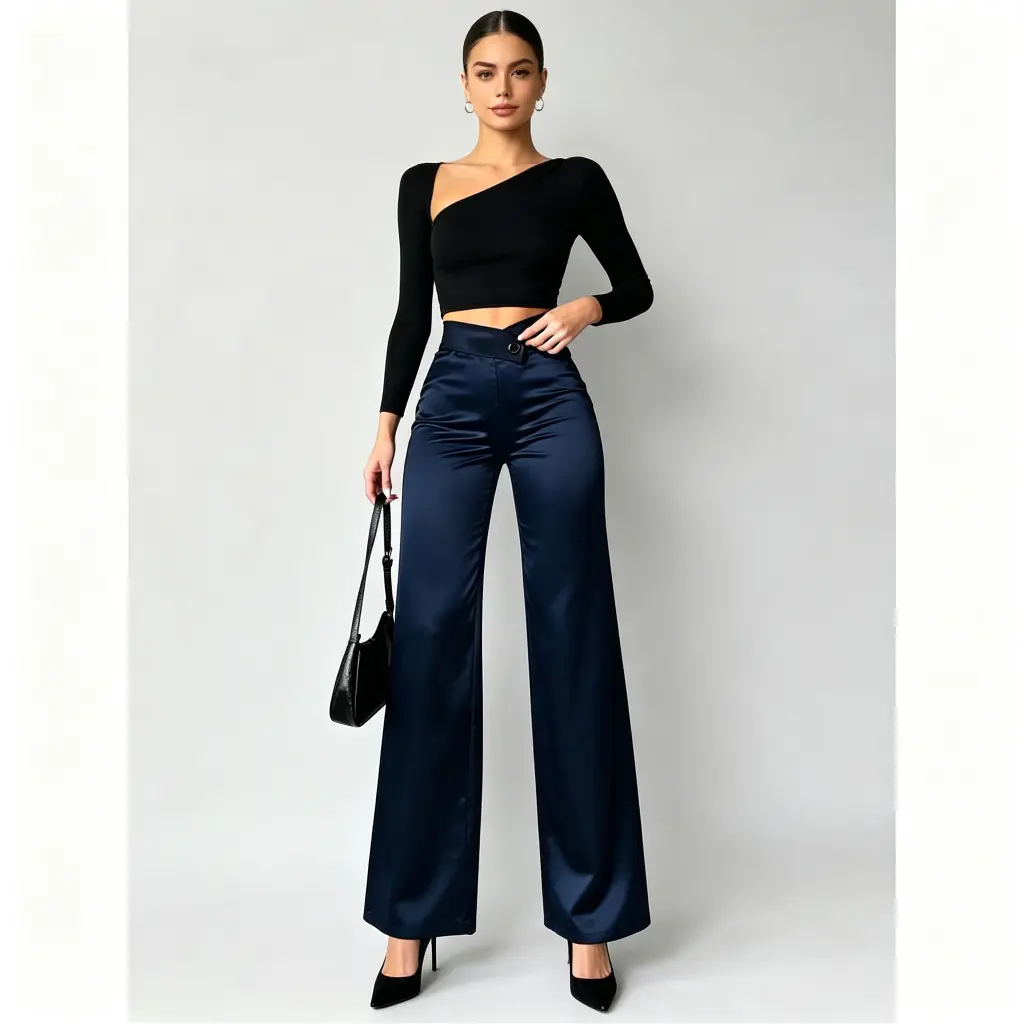 Navy Blue Satin Wide Leg Pants for Date Night, Party & Office Wear | Asymmetric Button Waistband Flowy Floor-Length Trousers
