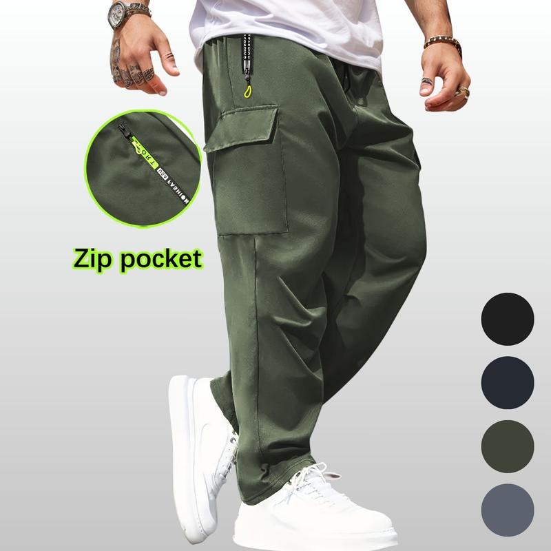 Men's 3-Pack Lightweight Cargo Pants with Elastic Drawstring Waist Zipper Pockets & Large Patch Pockets Comfortable Breathable for Outdoor & Daily Casual Wear - Fabric Menswear Activewear