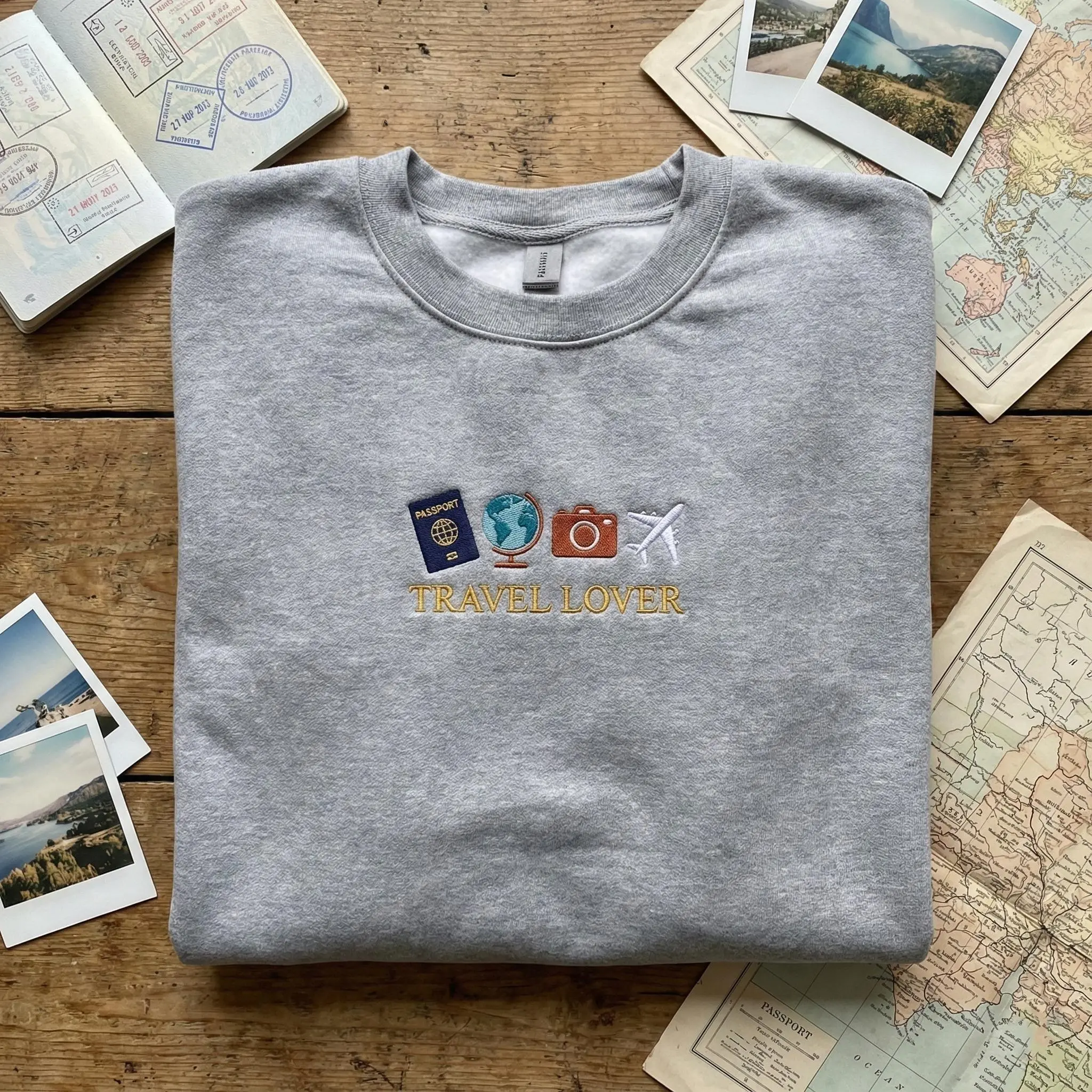 Travel Lover Embroidered Sweatshirt, Passport Camera Plane Crewneck, Wanderlust Gift, Adventure Traveler Apparel