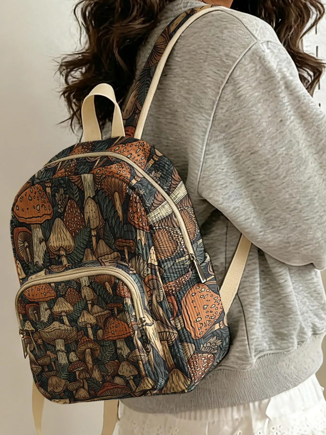 1 piece of lady's backpack with 2D printed mushroom pattern, velvet texture, Casual printed backpack + layered storage + lightweight and easy to carry | Perfect for students to go to class/shopping/short trips | Combines atmosphere with practicality