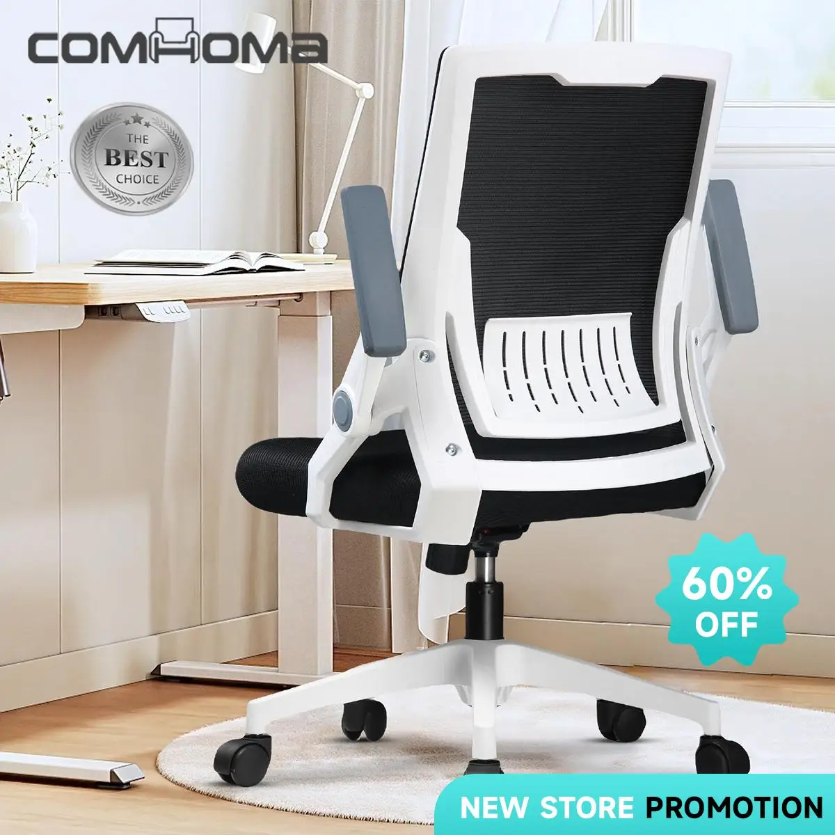 Computer Office Chair, Ergonomic Office Chair with Flip-up Armrests, with Wheels, Adaptive lumbar Support, Mesh Ergonomic Office Chair