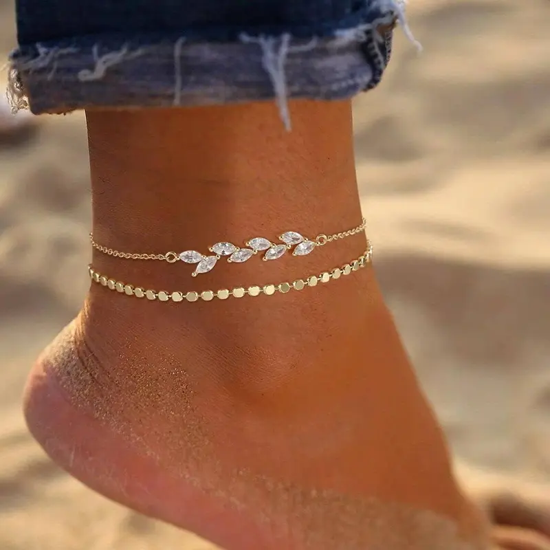 Tewiky Anklets for Women Waterproof Layered Leaf Cuban Chain Anklets Set Summer Beach Anklets for Women Teen Girls Jewelry Gifts dealsforyoudays