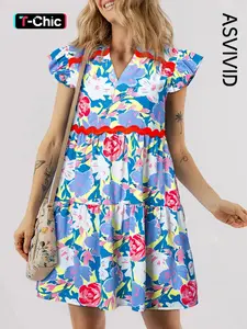 Women's Elegant Casual Bohemian Resort Style Floral Print V-Neck Ruffle Color Collision Short Sleeve Loose Dress