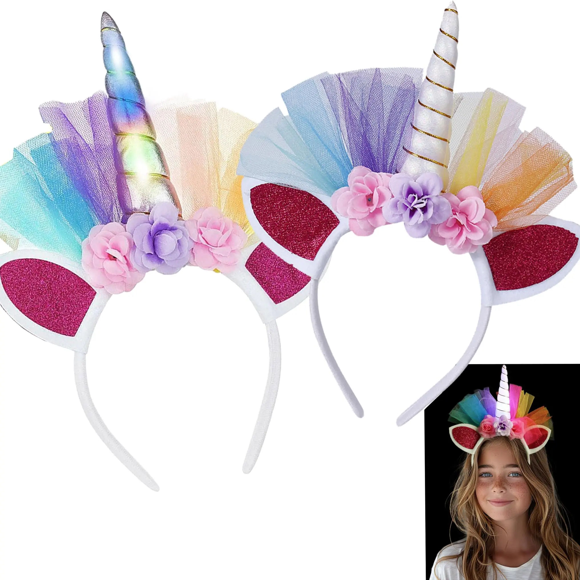 mushroomcase 2 PCS LED White Unicorn Headband Horn for Anniversary Party Supplies Costume Accessories Halloween Cosplay Tiara for Women Adults Teens