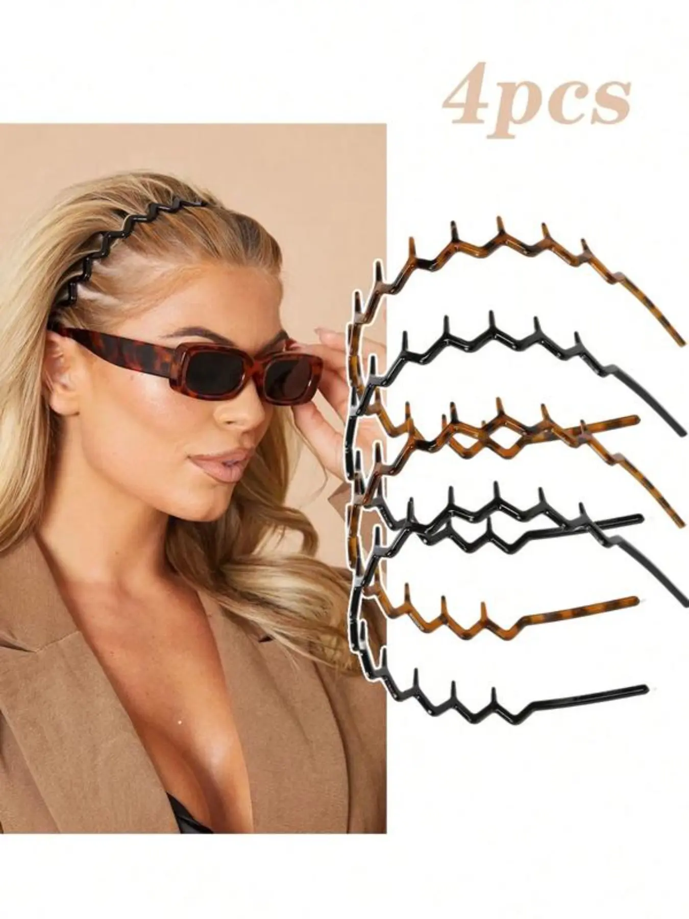 4-Piece Wave Hairbands, Zigzag Headband, Vintage Style Hair Accessories, Secure Thick Hair, Secure Fit, Toothed U-Shaped Hair Clips, Women's Headwear, Non Slip Headband