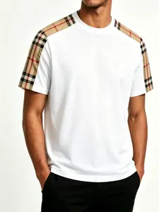 Summer Classic Patchwork Plaid Print British Style Fashion Casual Men's Short Sleeve T-Shirt, Trendy and Comfortable Apparel, Menswear