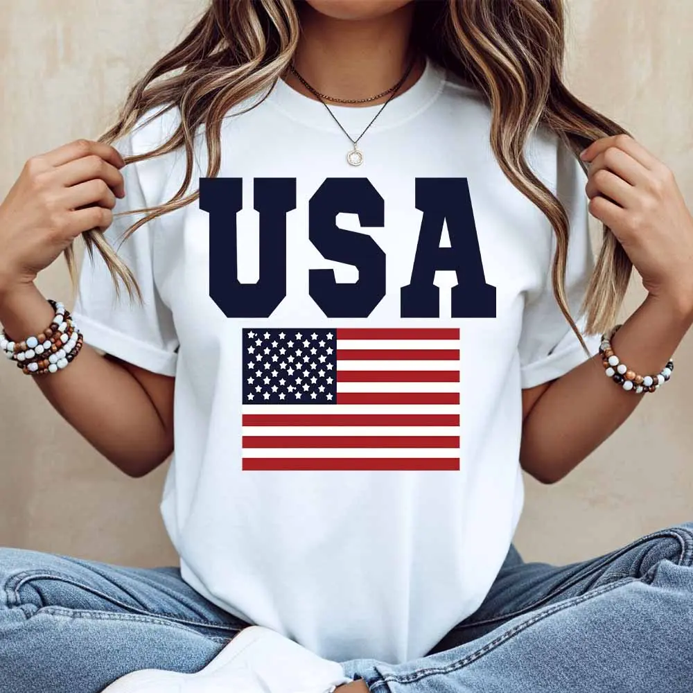 Usa Flag Print T Shirt White Casual Loose Fit For Everyday And Sports Activities