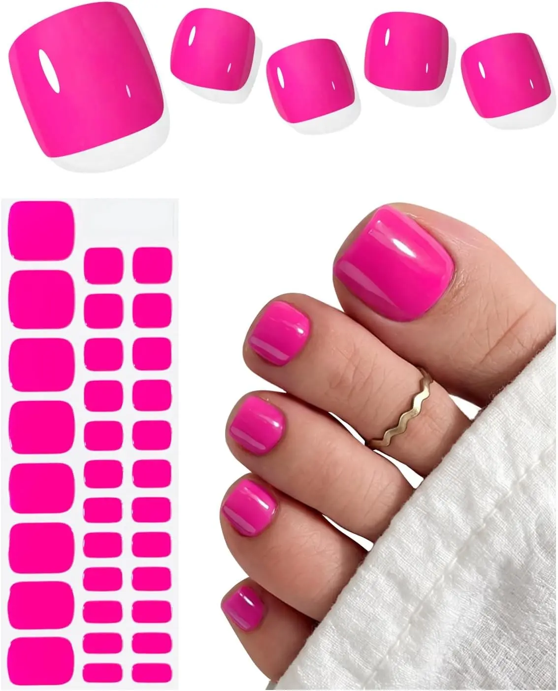 Semi Cured Gel Toenail Strips (Hot Pink T01), 32 Pcs Gel Pedi Stickers, Wraps, UV Light Required, Salon Quality, Long Lasting Gift