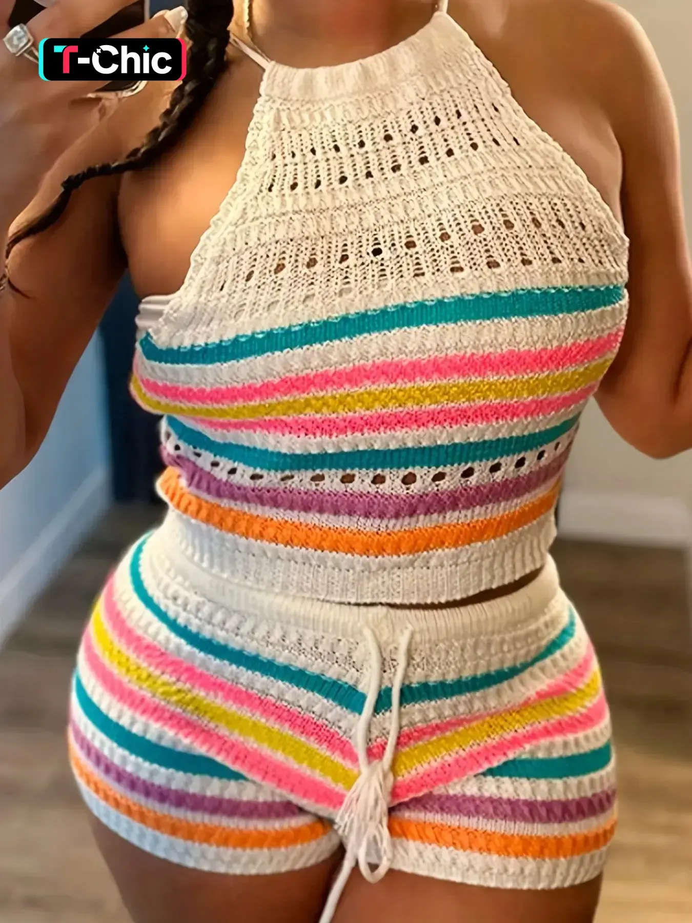 Women's Striped Print Co-ord Set, Matching Clothing Set, Casual Halter Neck Sleeveless Backless Crop Top & Drawstring Waist Shorts Set for Summer, Ladies Clothes for Daily Wear, Tight-Fit Knit Sets, Shorts Loungewear Set, Tank Shorts Set