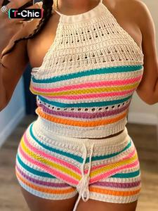 women's striped print co-ord set, tight fit slim casual halter neck crop top & drawstring waist shorts set for summer, ladies crochet clothes for daily wear, womenswear, two piece outfits for women, elastic shorts set