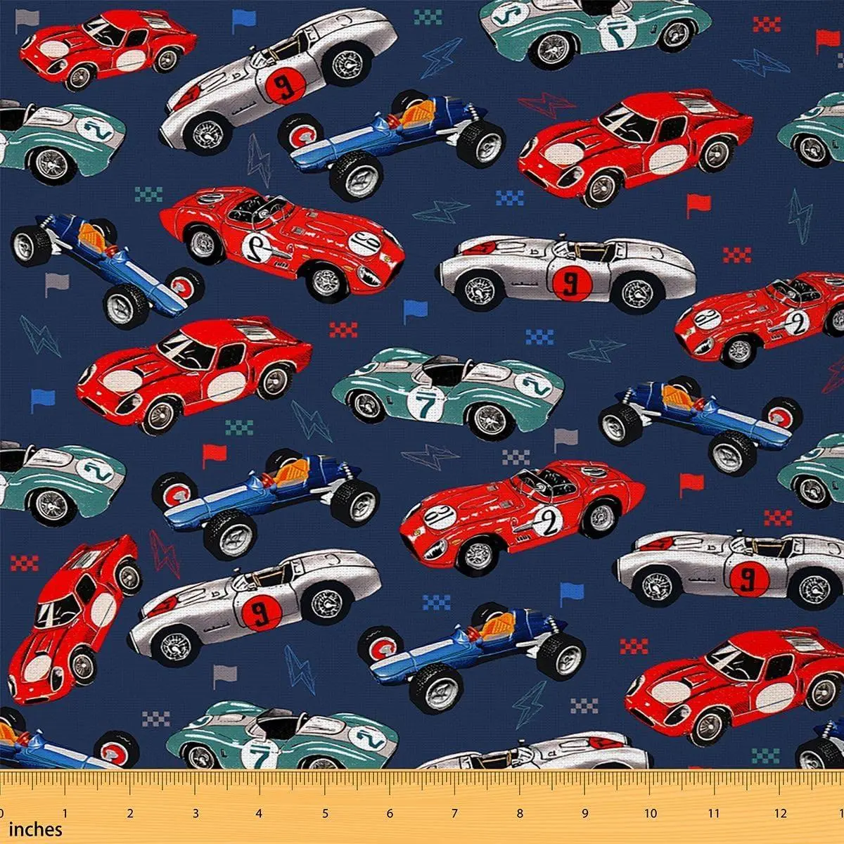 Race Car Fabric Cartoon Race Trucks Upholstery Fabric Chairs Navy Blue and Red Home DIY Projects Indoor Outdoor Decor Lightning Flag Decorative Waterproof