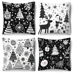 4pcs, Contemporary Christmas Theme Throw Pillow Covers,  Black and White Christmas Tree, Santa, and Festive Elements Printed, Cushion Cover Decoration for Couch Sofa, Room Decor, Single Sided Printing, No Pillow Core, Bedroom Decorative Accessories