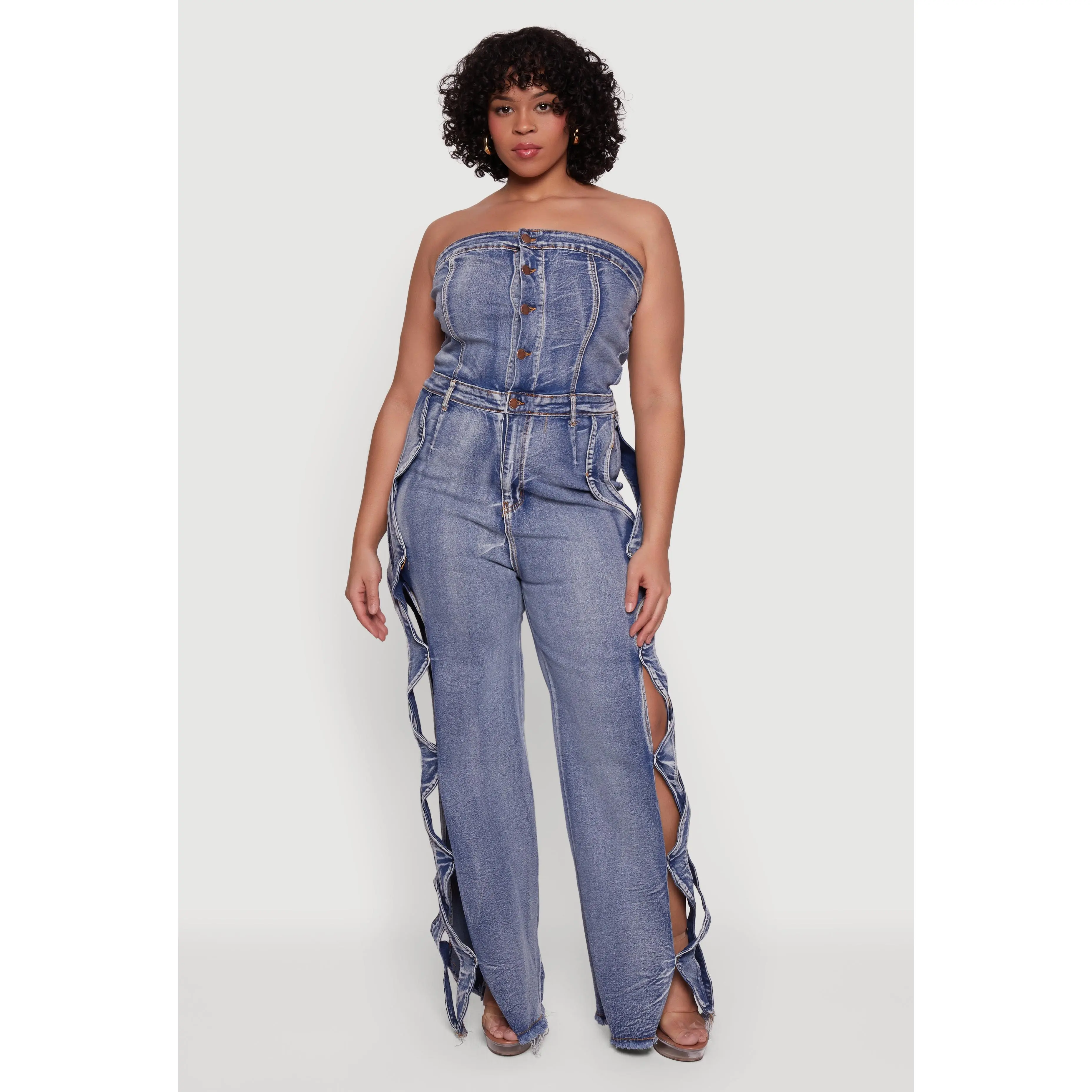 Plus Size Side Caged Cut Out Strapless Denim Jumpsuit