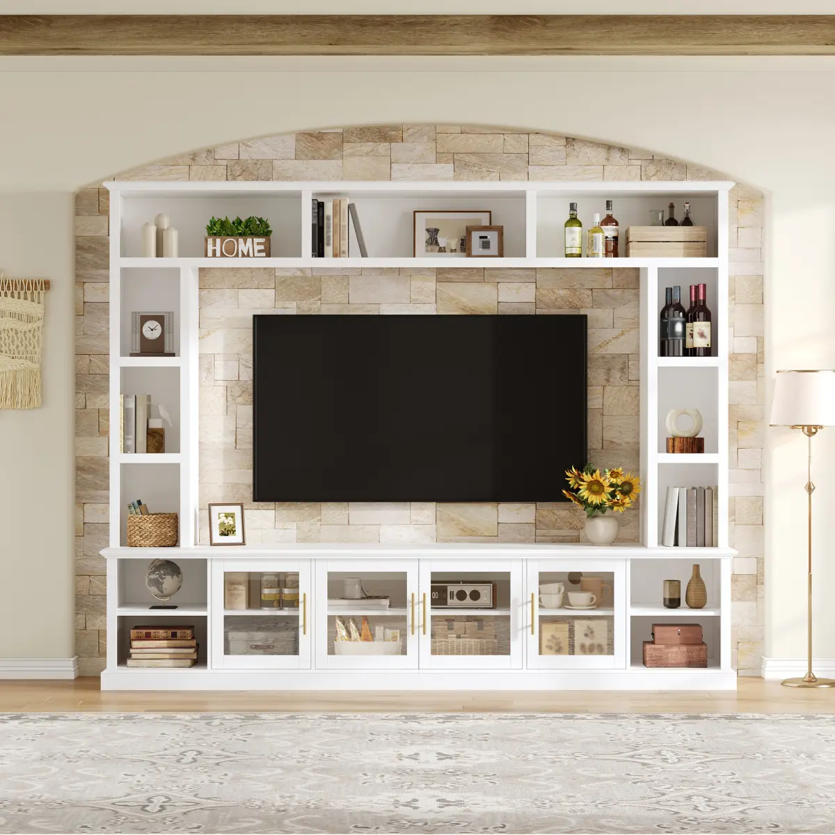 Stable Sturdy Entertainment Center Wall Unit for 80-in TVs, All-in-1 Modern TV Console with Bookshelves, Shatter-Resistant Glass Doors & Shelving, 198.75 lbs Indoor Living Room Furniture (Assembly Required)