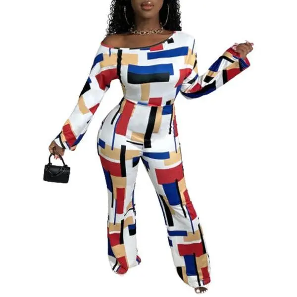 Womens Geometric Pattern Off Shoulder Jumpsuit