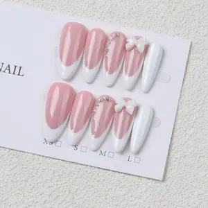 10-Piece Handmade Almond French Full Nail Set, 3D Bow & Rhinestones, Fashionable and Elegant, Perfect for Parties and Daily Wear