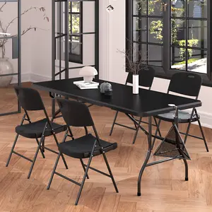 VECELO 5/4/1-Pcs Portable Folding Card Table Square and Chair Set, Conference Table Dining Table for Outdoor, Office, Restaurant, Metal, Black