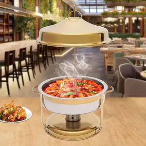 Chafing Dish Buffet Set Hanging Lid, 9.5 Qt Stainless Steel Round Chafing Buffet Warming Container Buffet Warmers Sets for Wedding, Parties, Banquets, Gold Kitchen Bakeware Tray Silver