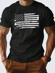 Men's Short Sleeve American Flag Printed Patchwork Round Neck T-Shirt, Summer Outdoor Casual Wear, Slim Fit, All Seasons
