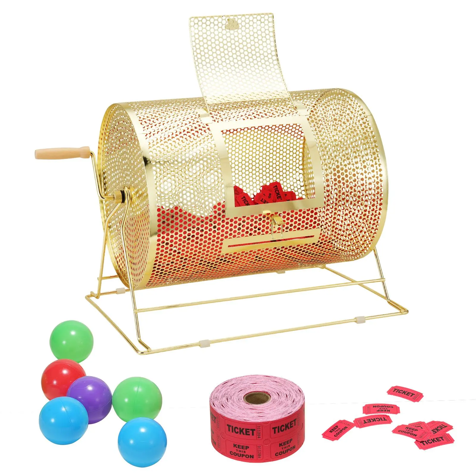 【SummerFinds】VEVOR Raffle Drum,  Holds 5000 Tickets or 200 Ping Pong Balls, Metal Lottery Spinning Drawing with Wooden Turning Handle,16.1 x Ø12 inch Brass Plated Raffle Ticket Spinning Cage, for Bingo Ballot Part