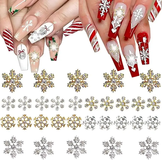 30PCS Christmas Snowflake Nail Charms, Silver Snowflake Nail Art Charms for Acrylic Nails, 3D Alloy Snowflake Charms for Women Manicure DIY Crystals Winter Christmas Nails