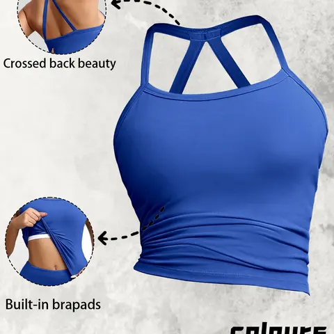 Women's Plain Backless Stretch Athletic Fitted Sports Bra Tank Top, Wireless Sports Bras Adjustable Strap, Breathable Gym Wear, Indoor Outdoor Fitness Clothing, Workout bras, Sporty bra, Wirefree sports bra, Exercise bra