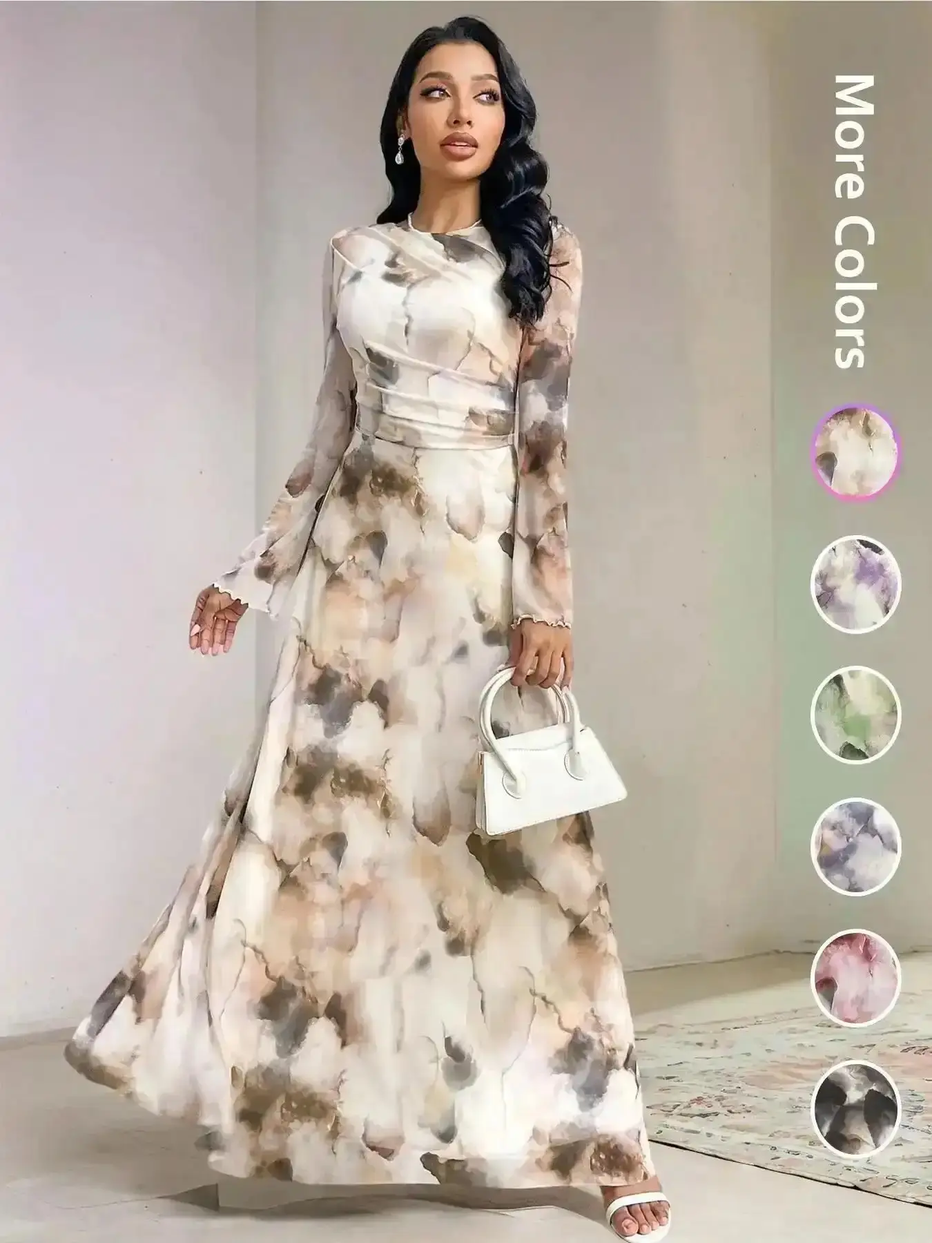 Elegant Women's Tie-Dye Print Long Sleeve Round Neck Maxi Dress, Multicolor Womenswear Party Wear Formal Gown, Ladies Fashionable Chic Evening Dresses, Versatile, Comfort, Style, Outfit, Essential, Trendy