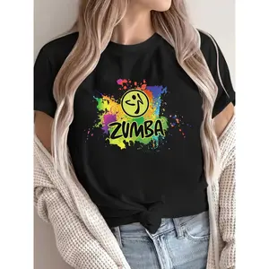 Women’s 180g Black Cotton Crew Neck Short Sleeve Zumba Printed T-Shirt | Stylish Casual Dance Graphic Tee | Comfortable Colorful Splash Print Top for Gym, Fitness & Workout | Trendy Activewear Apparel