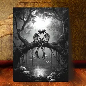 Gothic Romance: Skeleton Couple Embracing Canvas Art, Frameless Print - Ideal for Living Room, Hallway, Studio Decor, Romantic Home Decor|Gothic Artwork|Frameless Art Piece, Gothic Home Decor, 2D, Perfect for Room Decor Ornaments Decoration