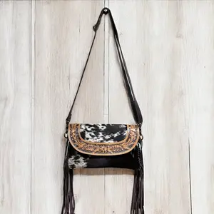 Tooled Leather & Cowhide Fringe Crossbody Bag