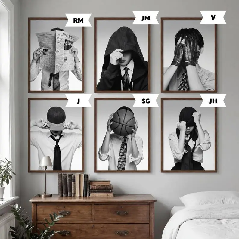 Vintage Bangtan Art Print, Retro Black & White Poster, Home Decor, Gift For Fans