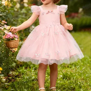 Toddler Girls Ruffle Sleeveless Tutu Dress Flower Embroidery Smocked Back Cake Smash Tulle Outfit for Birthday Party