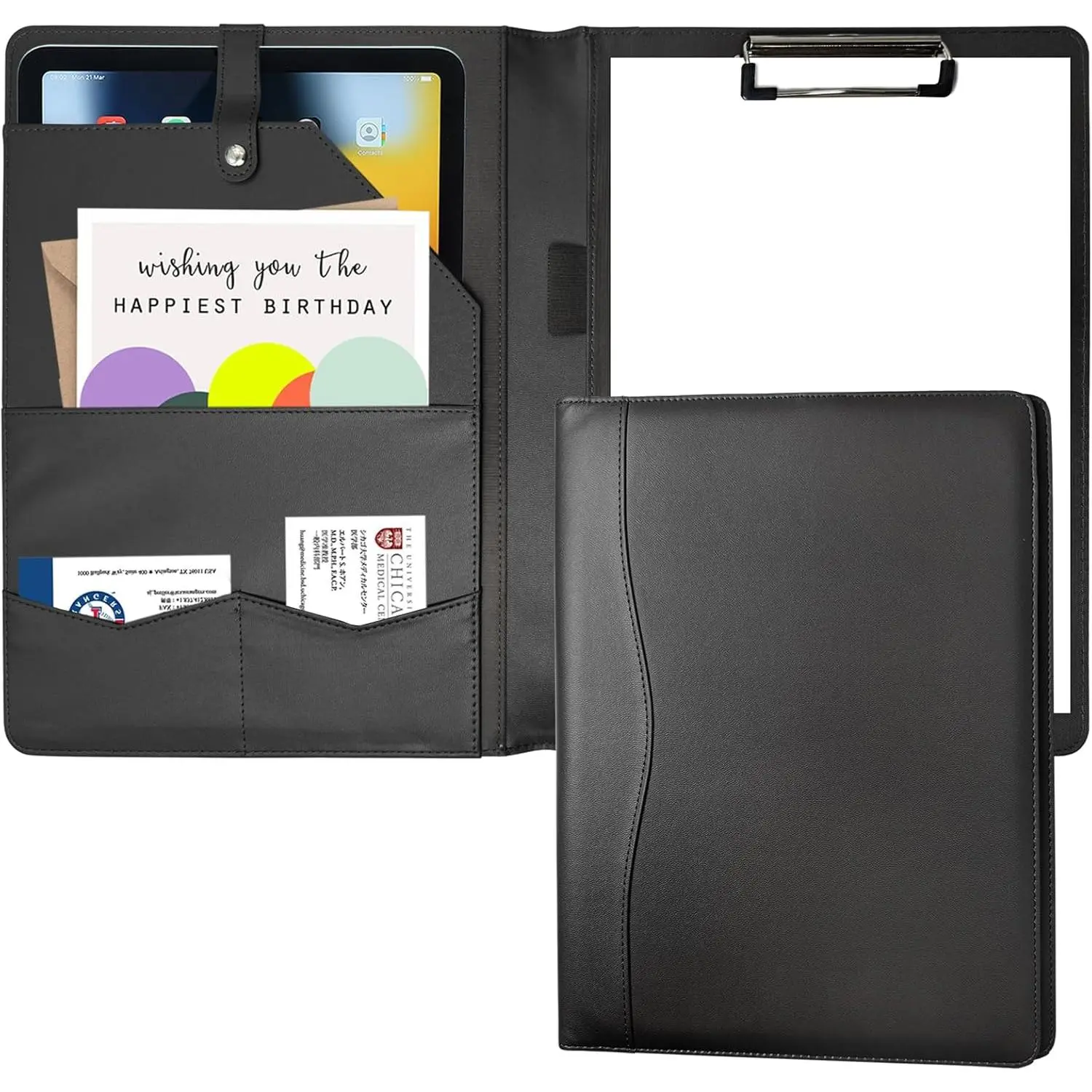 Portfolio Folder Padfolio with A4 Clipboard, PU Leather Portfolio Clipboard Business Binder Writing Clip Board Organizer for Legal Documents Business Card Men Women Black