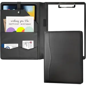 Portfolio Folder Padfolio with A4 Clipboard, PU Leather Portfolio Clipboard Business Binder Writing Clip Board Organizer for Legal Documents Business Card Men Women Black