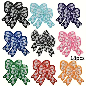 18pcs New Creative Multi Color Checkered Bow Set Embroidered Cloth Stickers Clothes, Shoes, Hats, Bags Embroidered Patch Stickers Ironing Or Sewing Decorative Cloth Stickers
