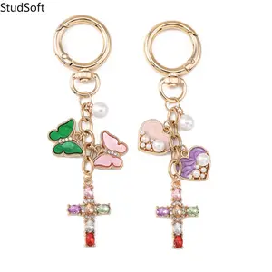 2026 New Fashion Butterfly & Colorful Rhinestone Cross Keychain — Trendy Pearl & Heart Key Ring
