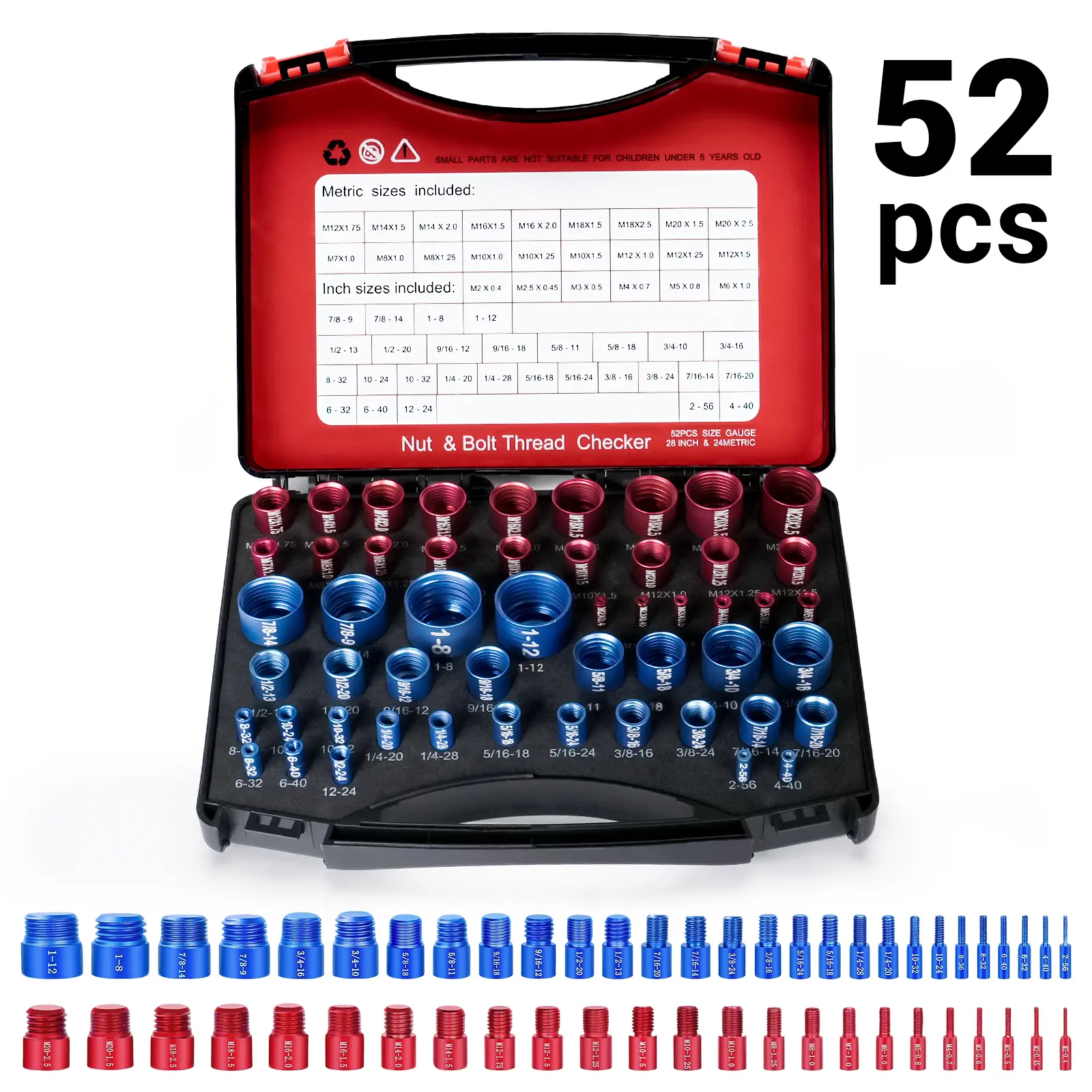 52-Piece Complete Nut & Bolt Thread Inspector Set, Metric/SAE Measuring Tool with Built-in Ruler, Lightweight Durable Aluminum Body, Ideal for Garages, DIY & Industrial Projects
