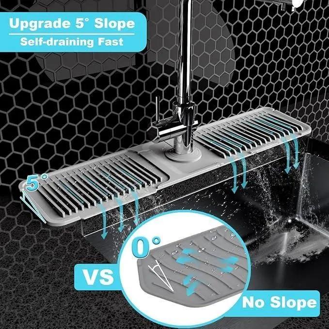 [TikTokShopBlackFriday] 24 Inch Silicone Faucet Mat for Kitchen & Bathroom Sink Splash Guard - 6 Slope Water Draining Mat with Fasten Button for Bathroom Area -Gray