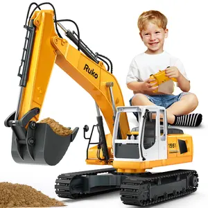 Ruko 1561 RC Excavator 3 in 1 Construction Toys for Boys,17 Channel Remote Control Vehicles with Grab Metal Shovel Drill，Realistic Lights & Sounds Digger Sandbox Gifts for Kids Adults