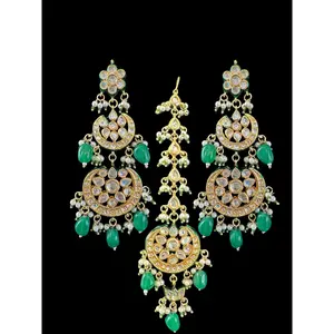 Irina earrings tika set in kundan with green beads ( READY TO SHIP )