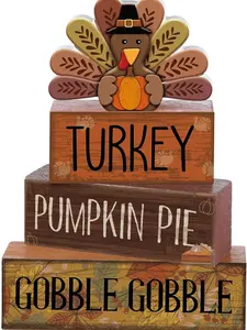 4 Pcs Thanksgiving Decorations for Home Wooden Turkey Decor Fall Tiered Tray Decor Thanksgiving Table Centerpiece Rustic Wooden Turkey Block Sign for Autumn Harvest Party Kitchen Shelf
