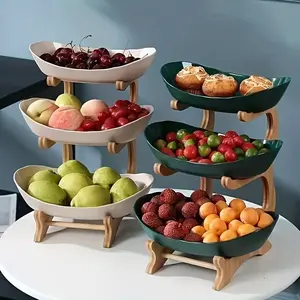 3-Tier Fruit And Snack Storage Stand, includes wooden display stand with 3 trays for fruits nuts and snacks, countertop organizer for kitchen storage, dining table display and holiday entertaining essentials