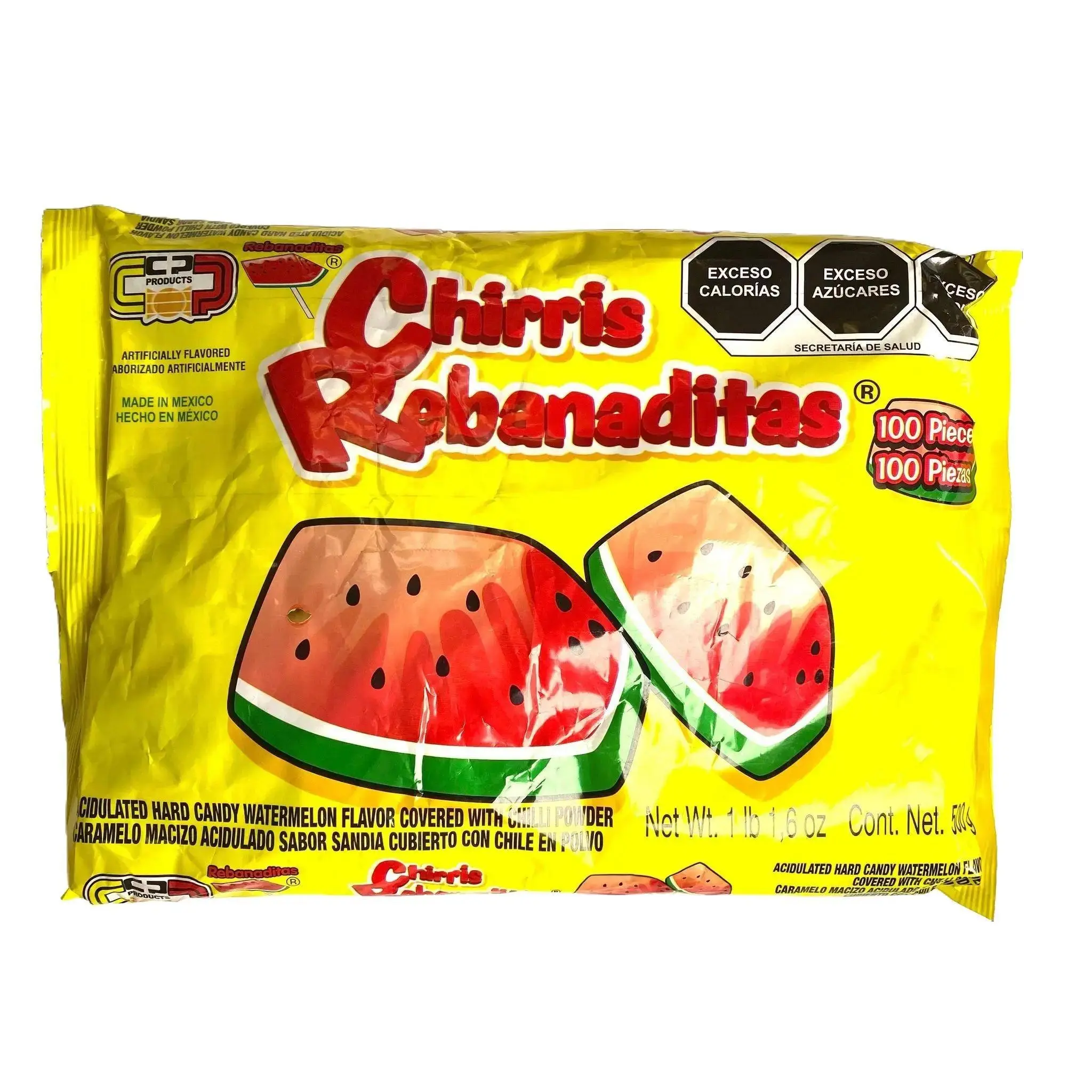 Chirris Rebanaditas - 100 Pieces - Acidulated Hard Candy Watermelon Flavor with Chilli Powder - Made in Mexico