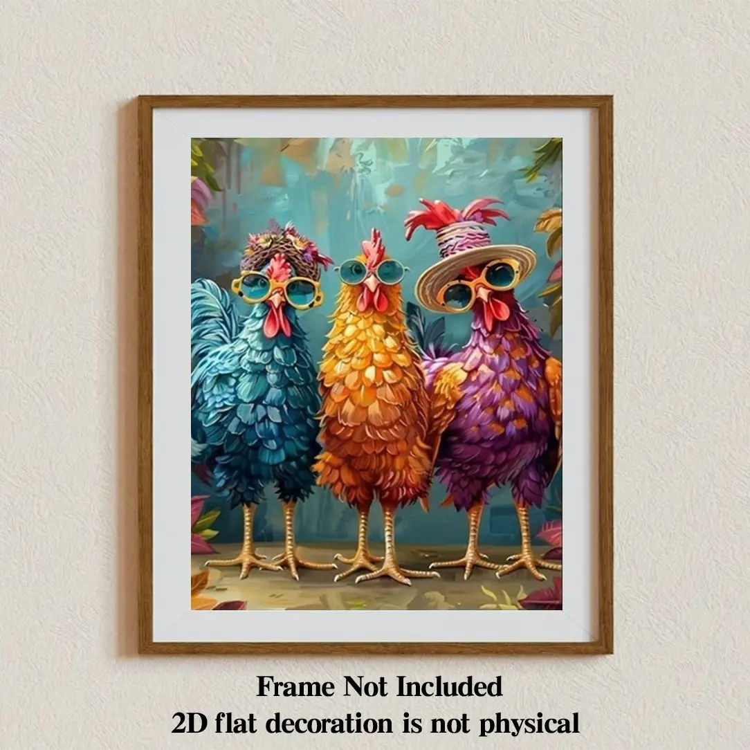 Funny Chicken Wall Art Poster, 8x10 Inches, Frameless, Three-Color Chicken with Fashion Glasses, Decor for Living Room, Bedroom, Office